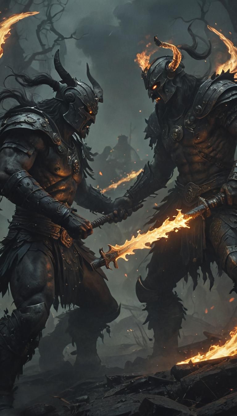 Epic Warriors Clash on Shadowy Battlefield