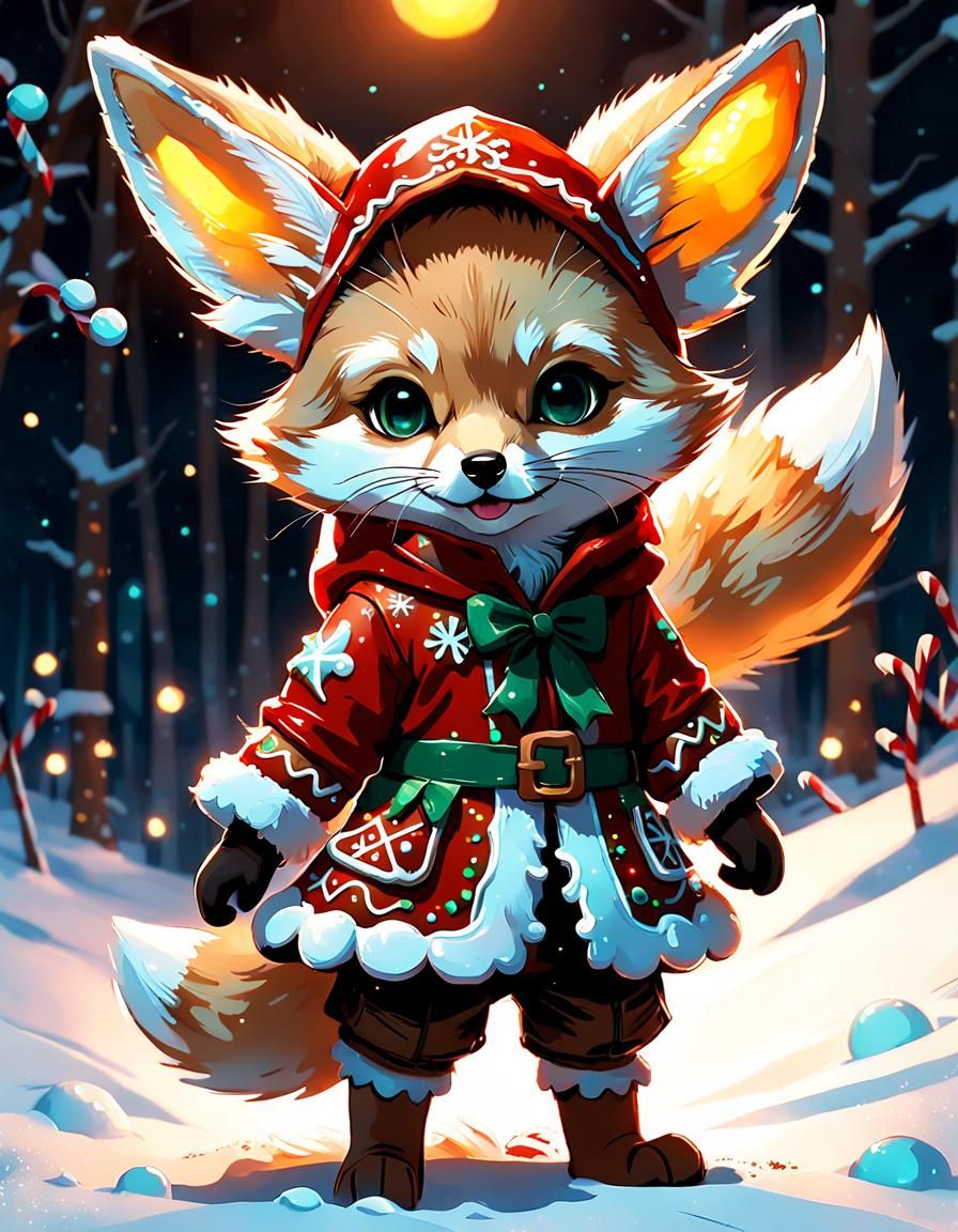 Adorable Fennec Fox in Christmas Gingerbread Outfit, Digital...