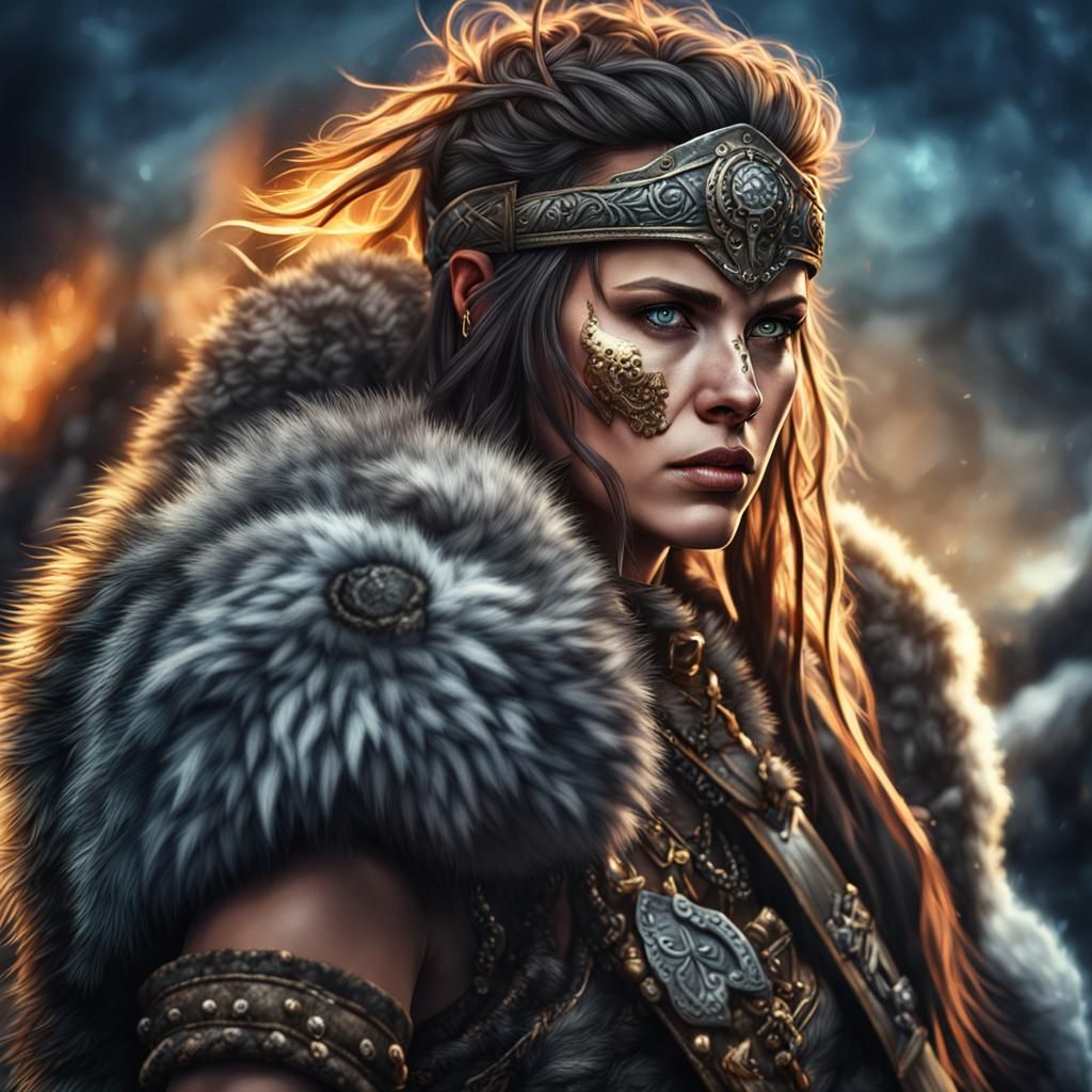 Photorealistic portrait of a stunning female barbarian warri...