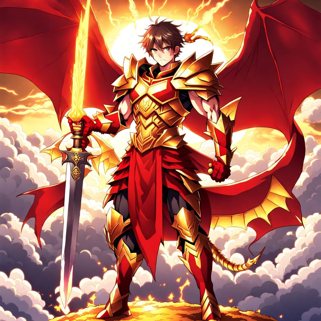 Anime Warrior in Red Dragon Armor with Golden Sword