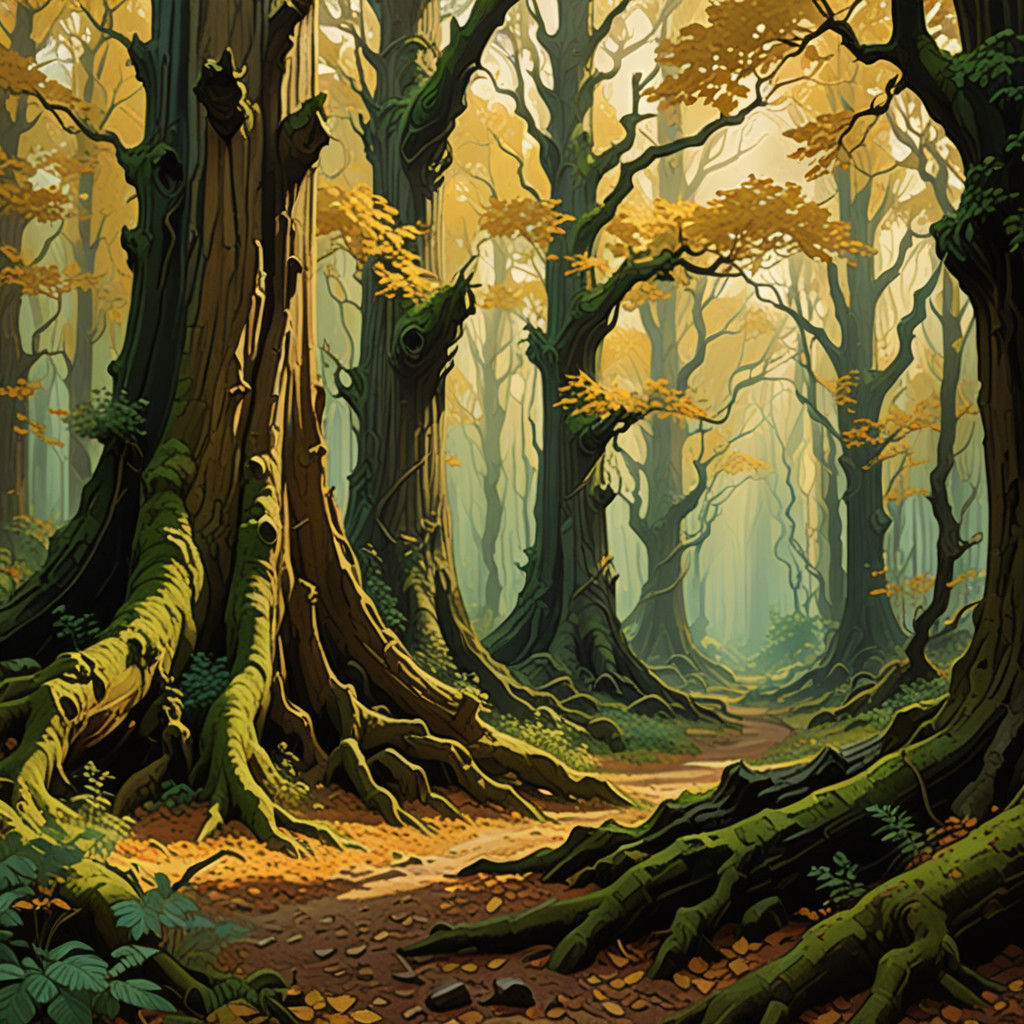 Majestic Earthy Forest Landscape in Vibrant Impressionist St...