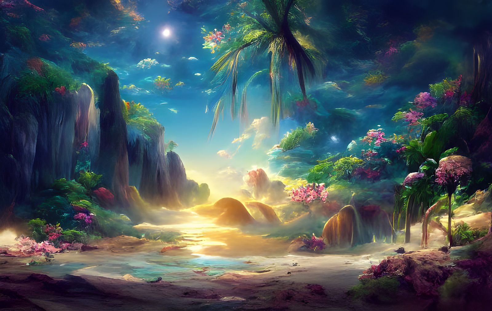 Tropical Beach Fantasy Landscape in Studio Ghibli Style