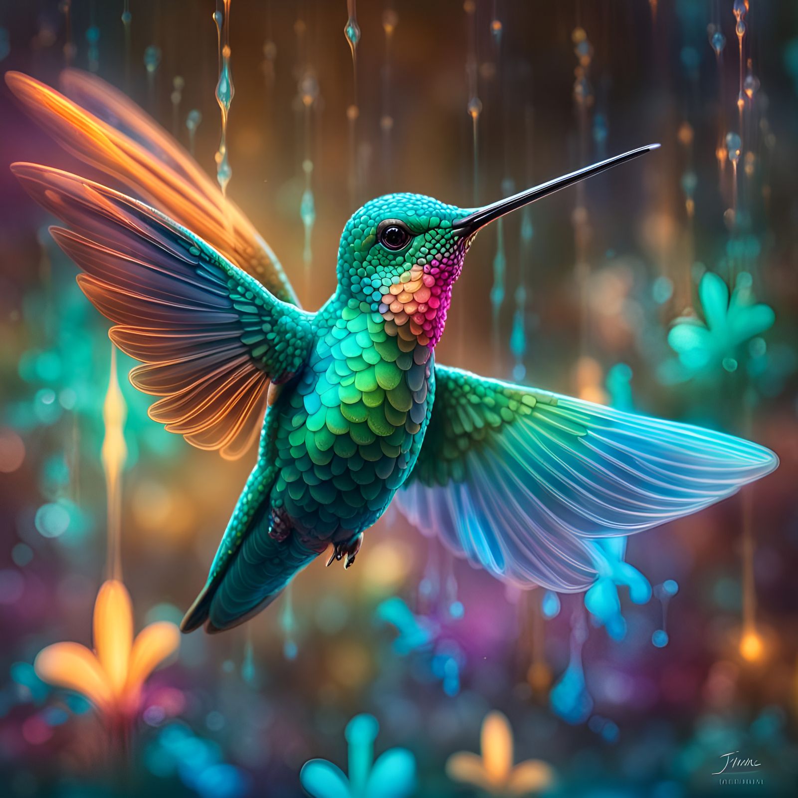 Ornate Bioluminescent Hummingbird in Hyperrealistic Style