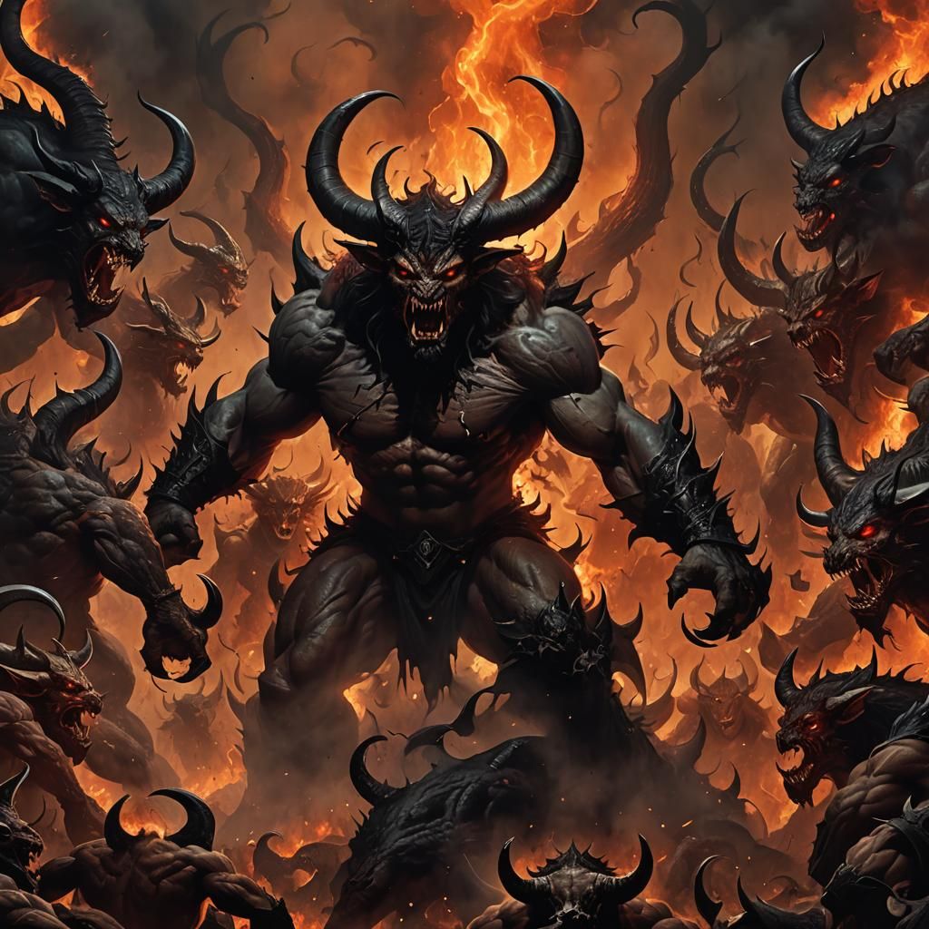 Colossal Horned Demon in Dark Surrealism Style