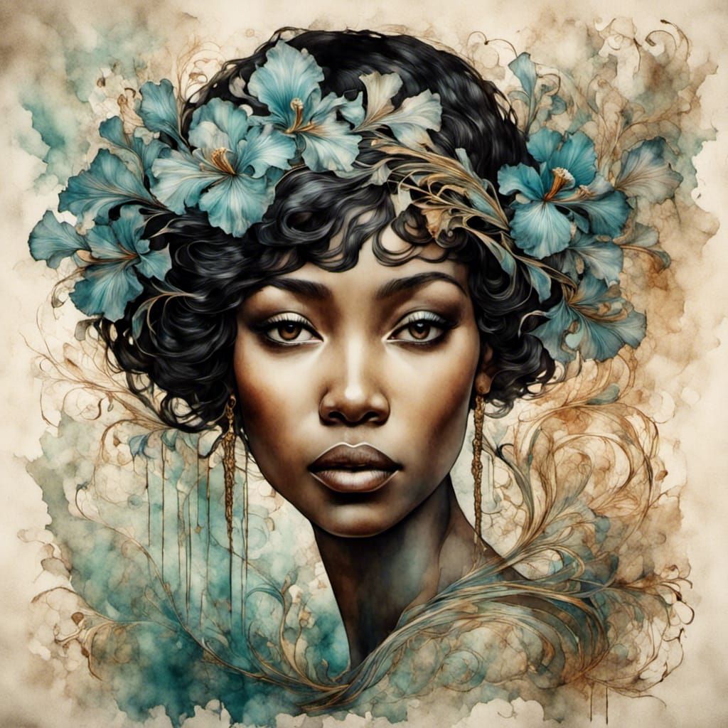 Art Nouveau Portrait of Ebony Woman as Iris