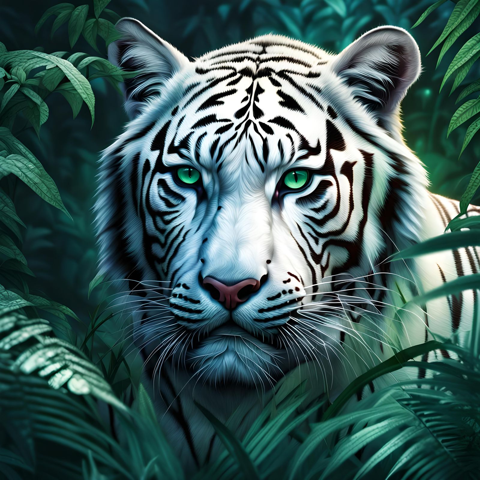 White Tiger Emerges from Jungle on Moonlit Night