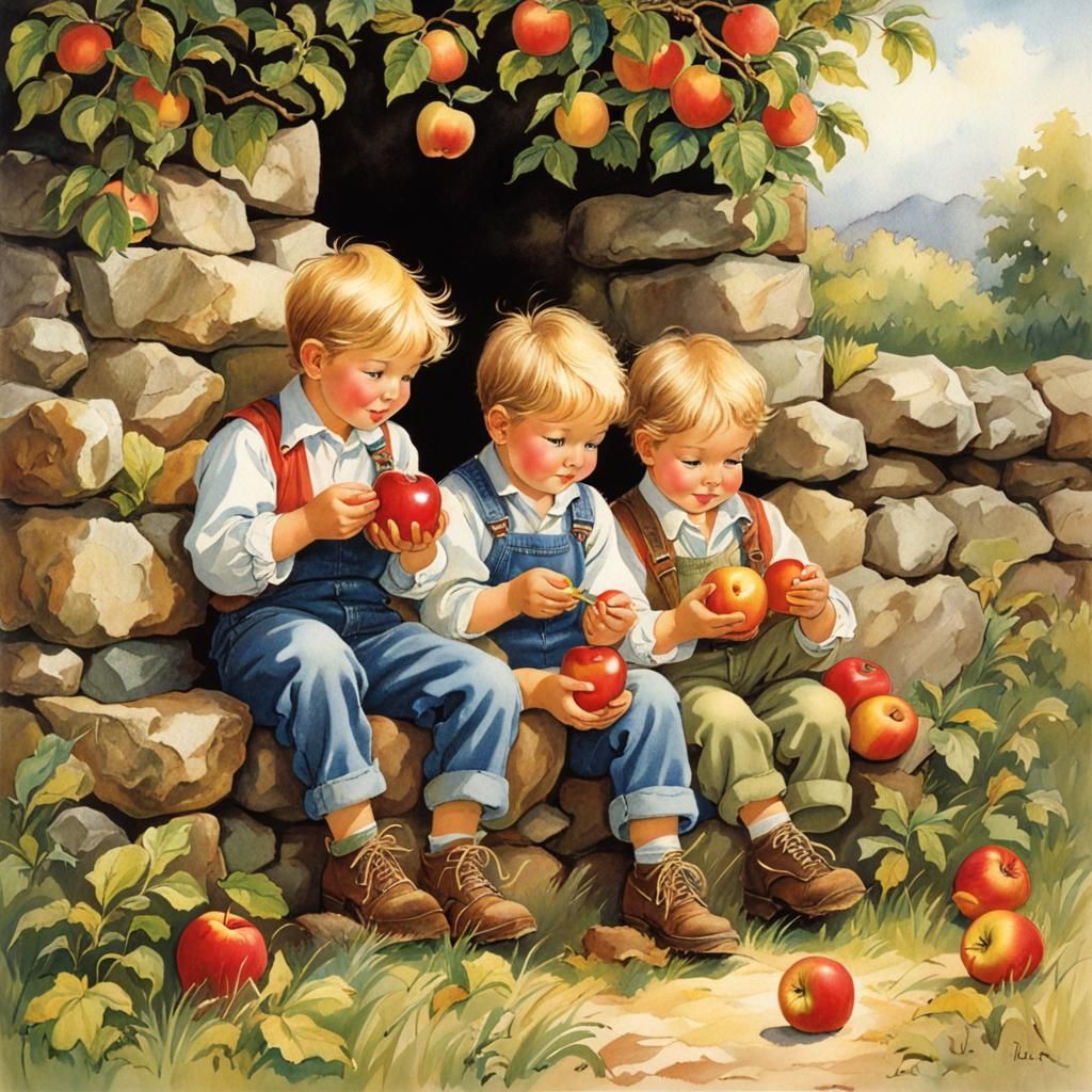 Boys on Stone Wall Eating Apples Illustration