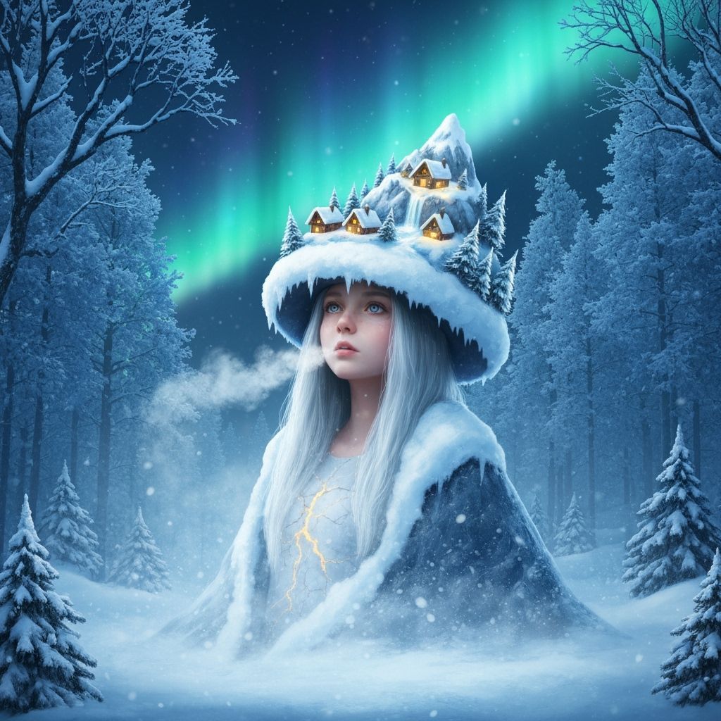 Magical Winter Girl and White Witch in Snowy Forest