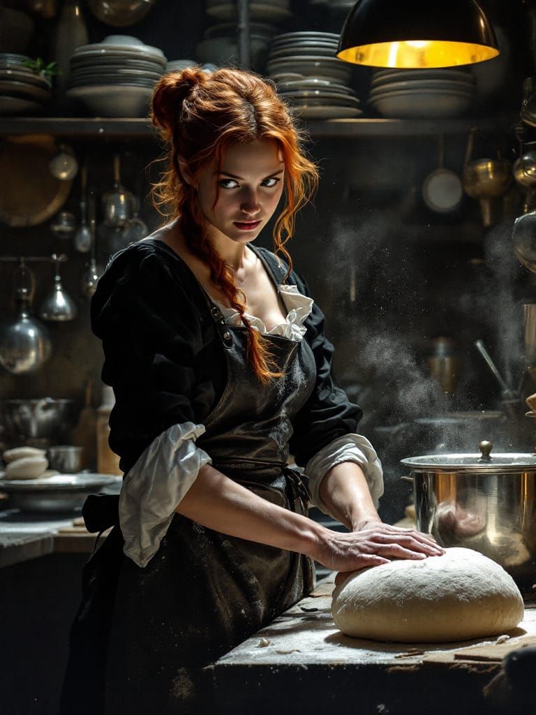 Redhead Baker in Dramatic Shadow-Light with Metallic Sheen