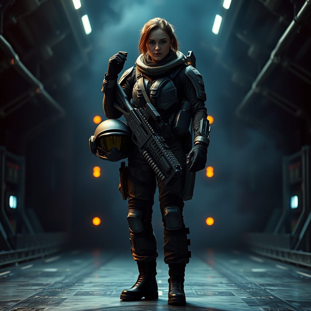 Heroic Colonial Marine in Sci-Fi Hangar Bay