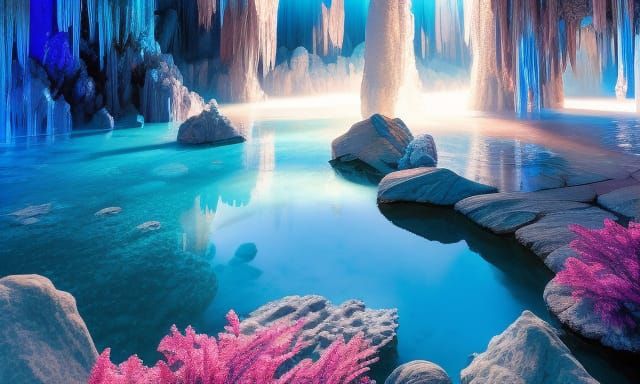 Crystal Pool in Anime Cavern with Reflections
