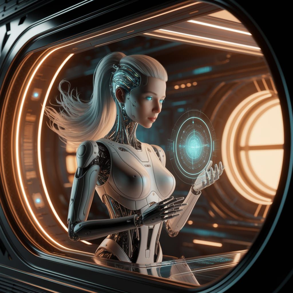 Futuristic AI Android on Spaceship with Glowing Circuits