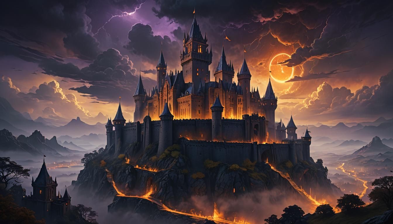 Mystical Castle Under Dark Night Sky, Fantasy Art