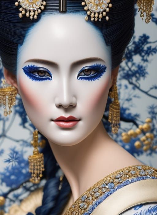 Blue and White Porcelain Geisha Portrait