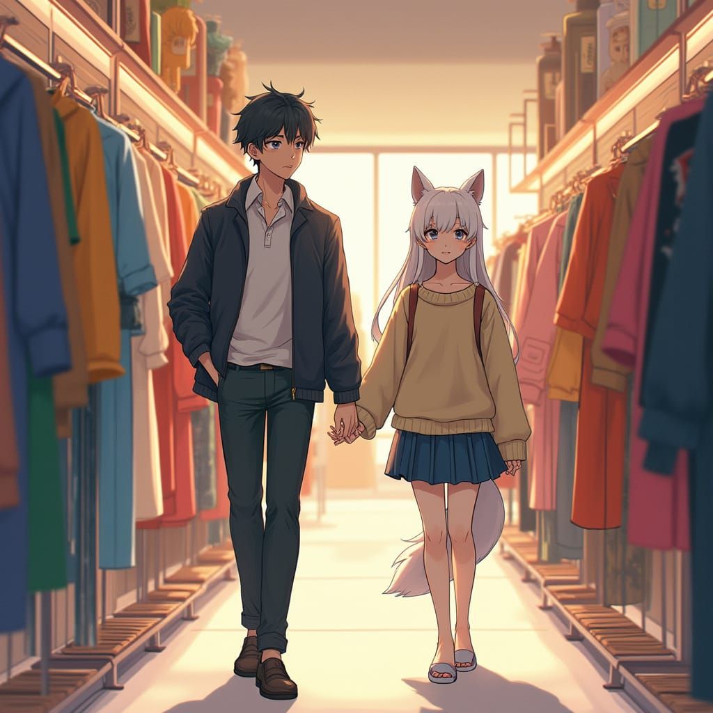 Boy and Wolf-Girl Explore Modern Clothing Store in Whimsical...