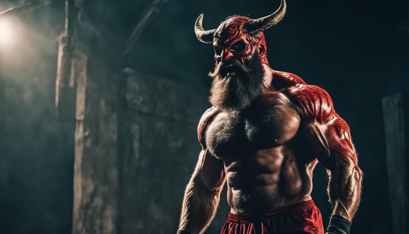Muscular Hairy Man with Devil Mask: Cinematic Film Still