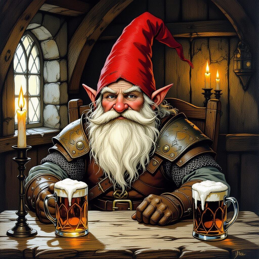 Gnome Adventurer in Tavern - Old English Fairytale Style