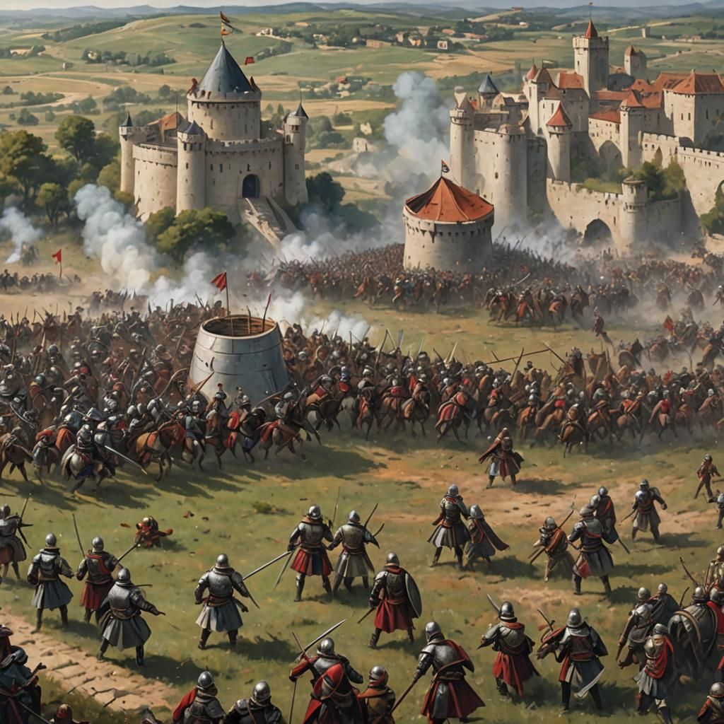 Airship Over Battlefield with Armored Knights