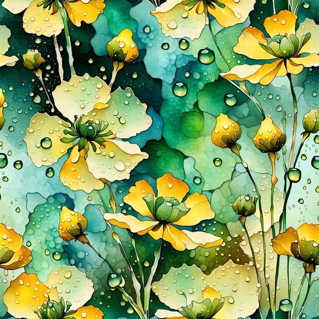 Dark Sage Abstract Alcohol Ink Splatter, 3d Antique Ivory Parchment Paper Background, Numerous 3d Yellow Geum Flowers wi...