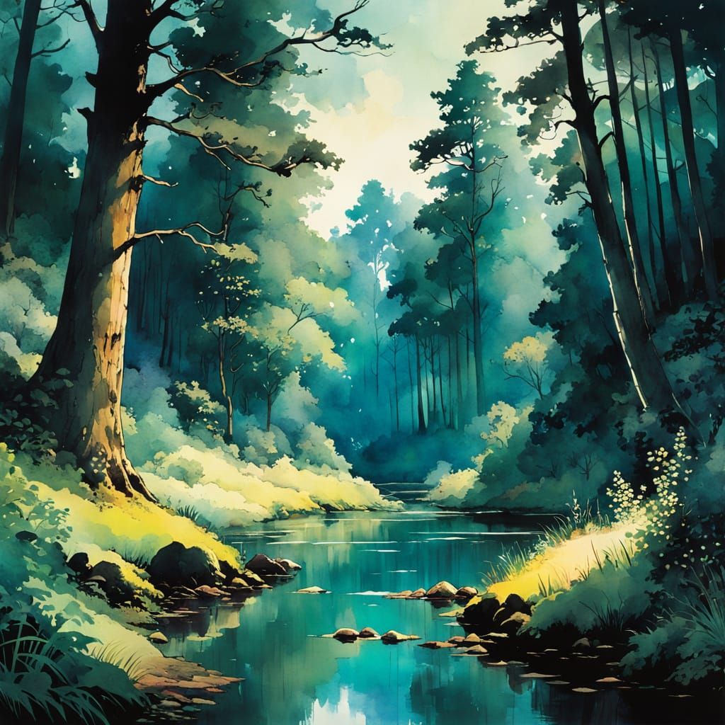 Enchanted Forest Stream in Watercolor and Ink