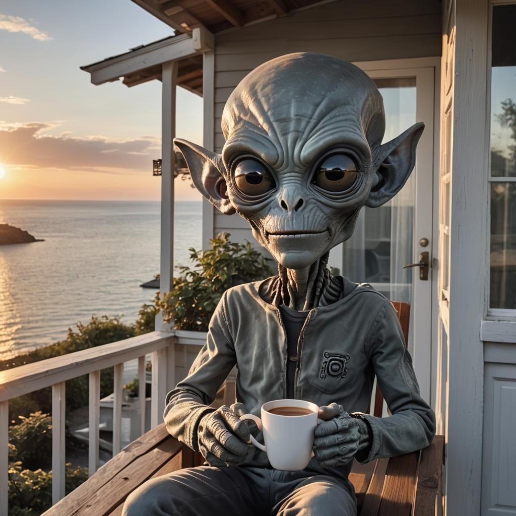 Winking Alien Enjoying Morning Coffee at Sunrise