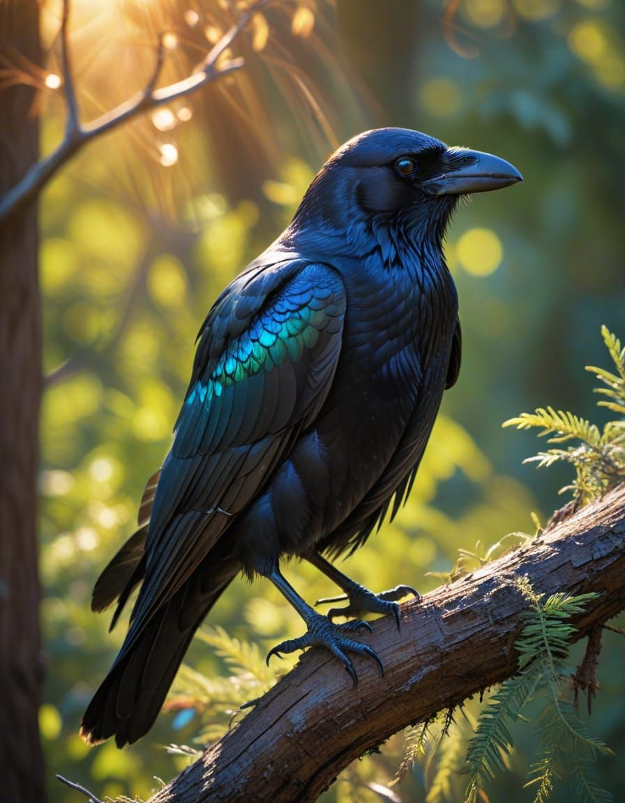 Close Up of Crow with Iridescent Feathers in Sunshine