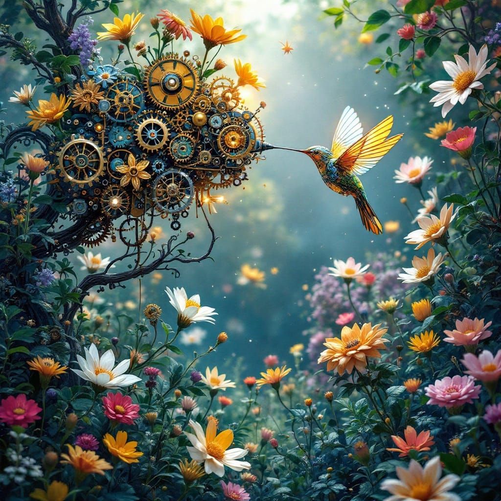 Timeless Mechanical Florals in a Surreal Garden Scene
