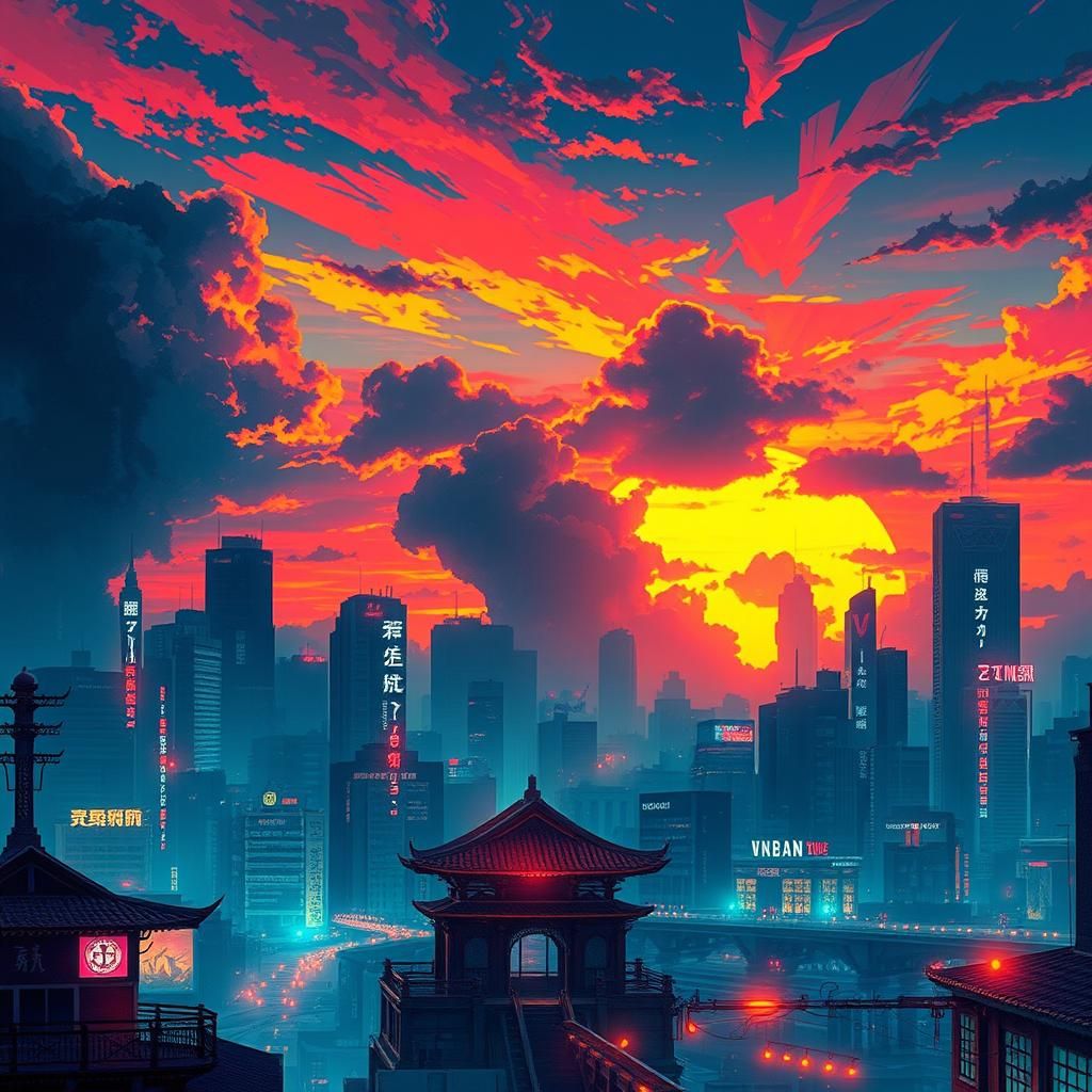 Cyberpunk Sunset in Anime Art Style