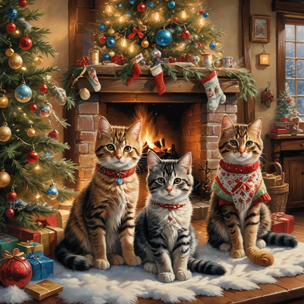 Kittens in Mittens by Fire, Ethereal Oil Painting
