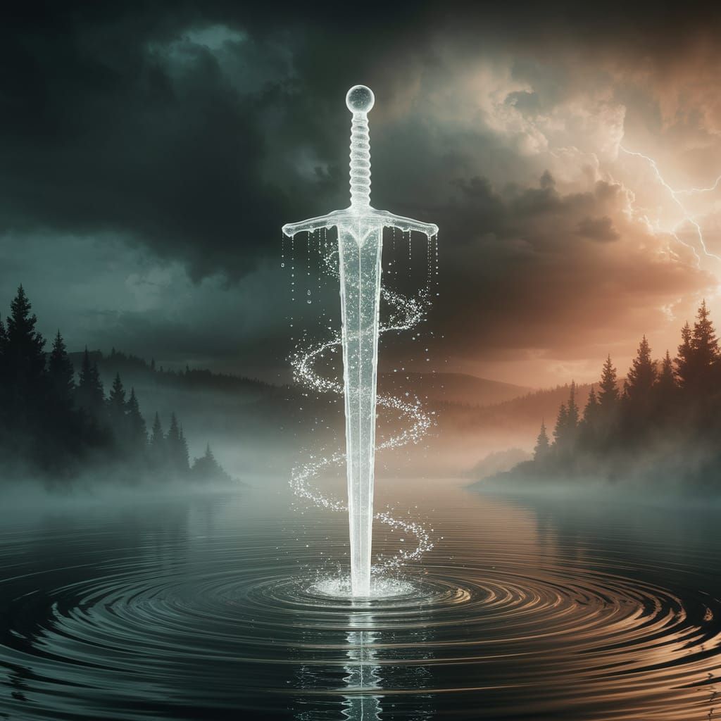 Magical Water Sword Emerges from Sacred Lake in Fantasy Art