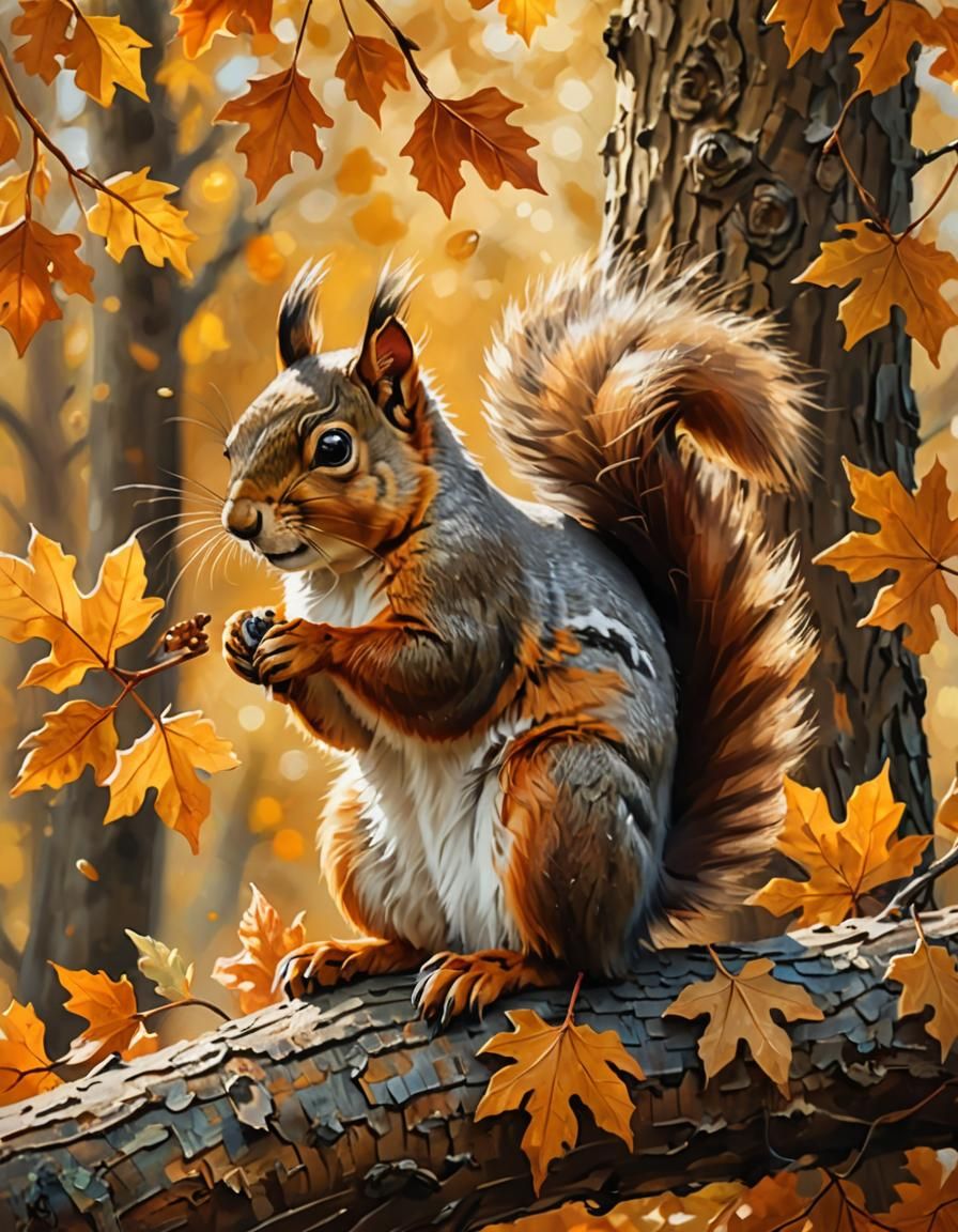 Autumn Oak Tree Scene in Soft Oil Painting Style