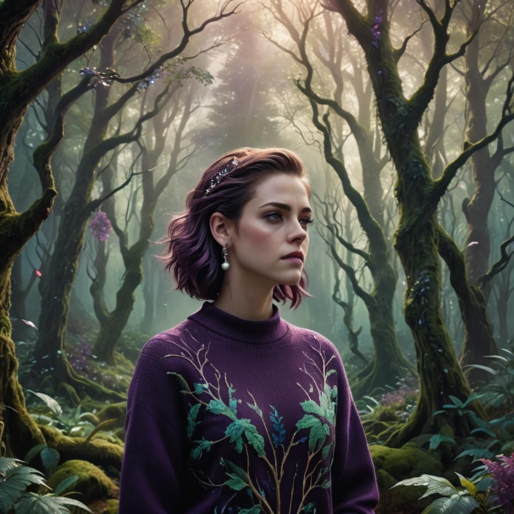 Mystical Forest Portrait with Woman in Sweater
