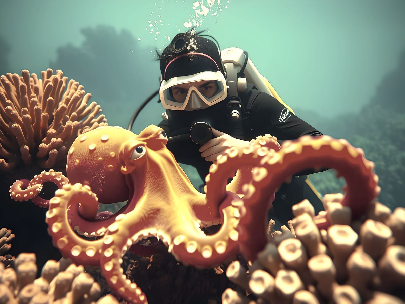 Diver and Octopus: A Peaceful Underwater Encounter