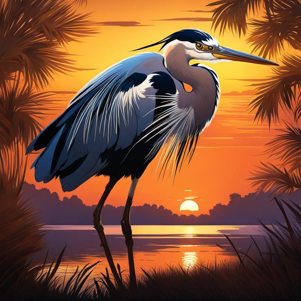 Art Nouveau Heron Bird at Sunset