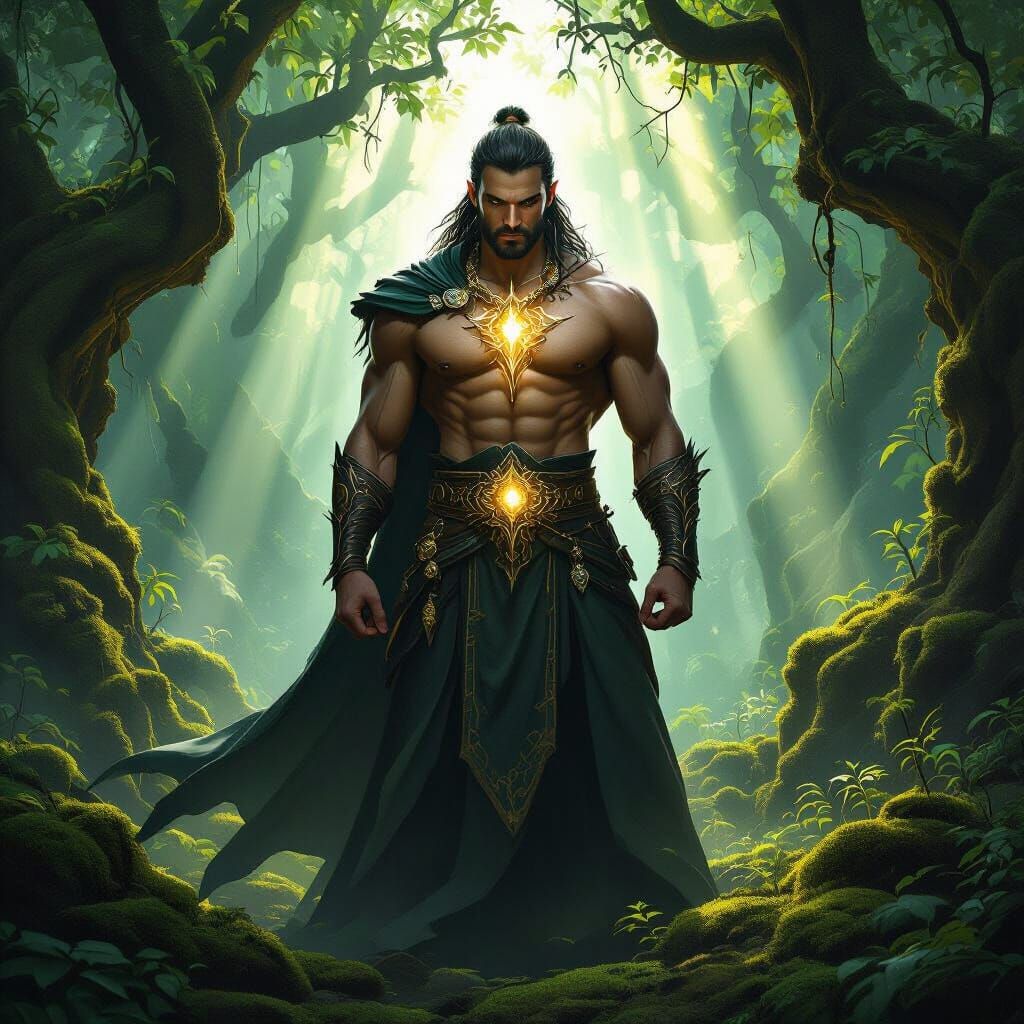 Toned Male Wizard With Glowing Talisman in Mystical Forest