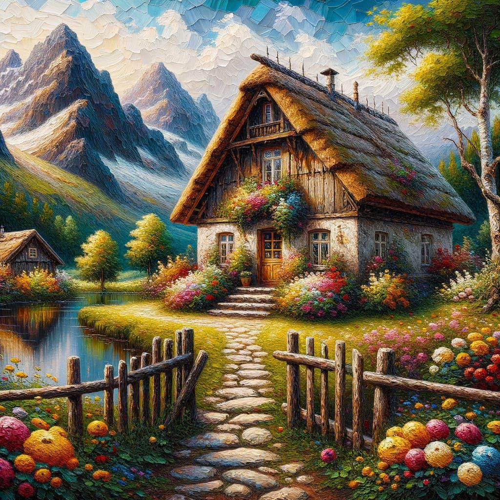 Picturesque Landscape with Thatched Roof House as Impasto Pa...