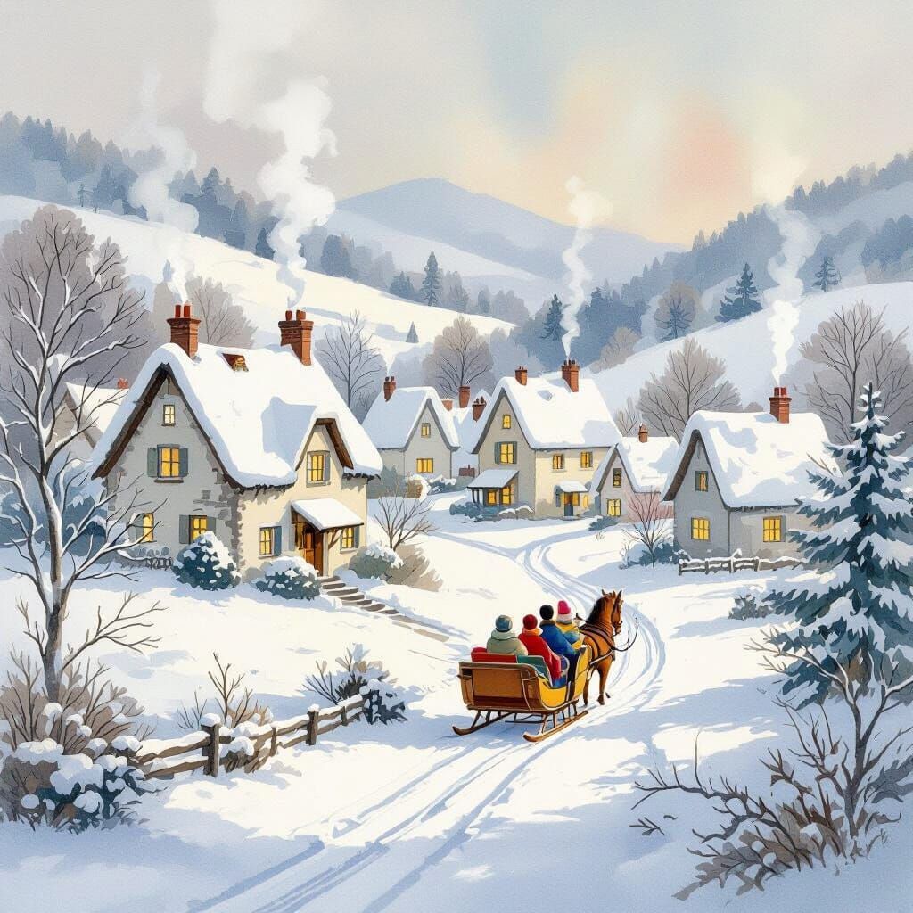 Snowy Village Scene in Watercolor Painterly Style