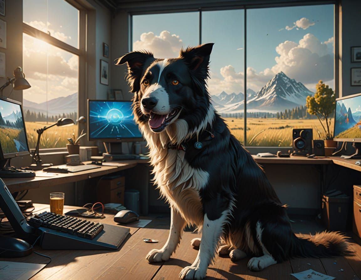 Sleek Border Collie Examines Futuristic Computer Screen in M...