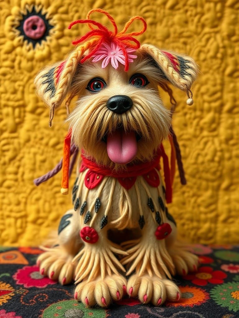 Needle Felted Candlewick Dog in Textile Art Style