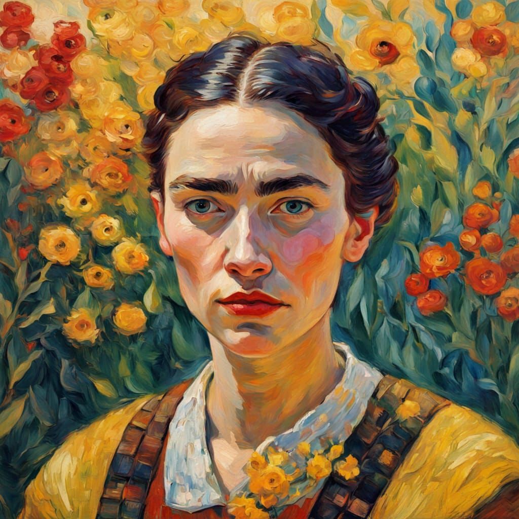 Confident Woman in Vibrant Blooming Garden, Expressionist Oi...