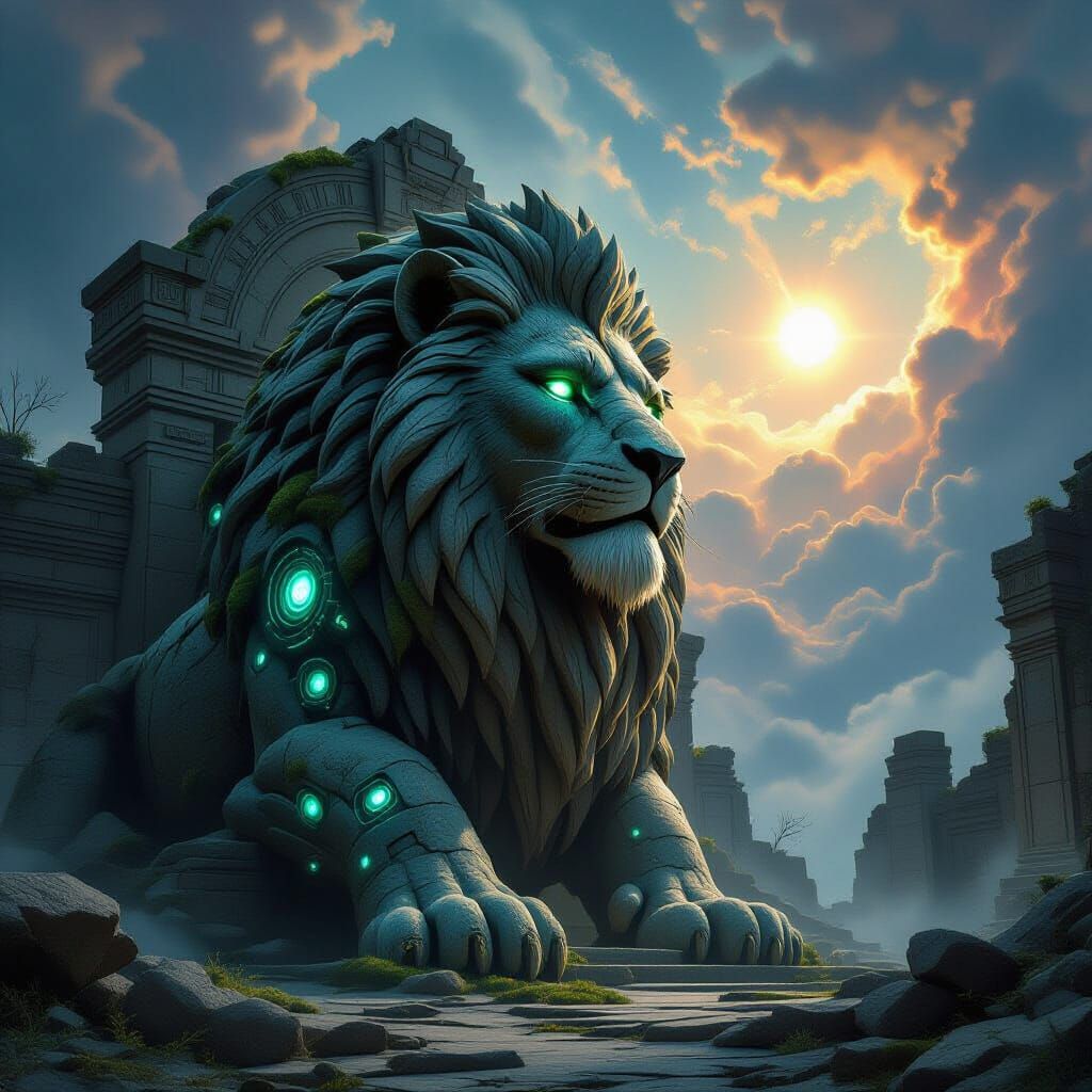 Ancient Cybernetic Lion Guards Alien Temple Entrance