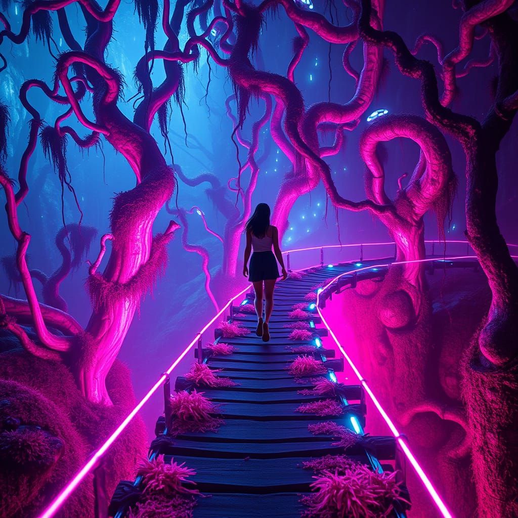 Bioluminescent Bridge Through a Neon Jungle