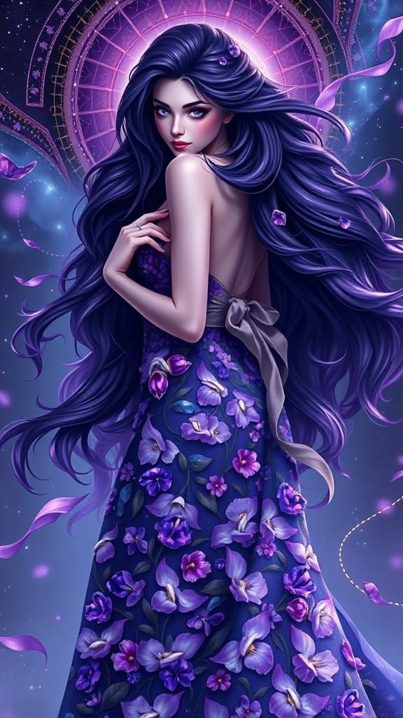 Goddess of February in Exquisite, Birth-Flower Gown, as Arca...