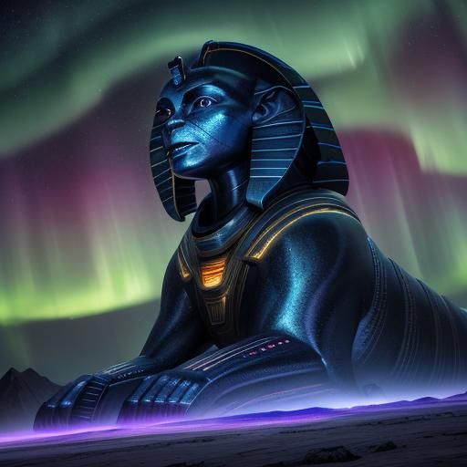Metallic Sphinx Guarding Spaceport in Aurora Sky