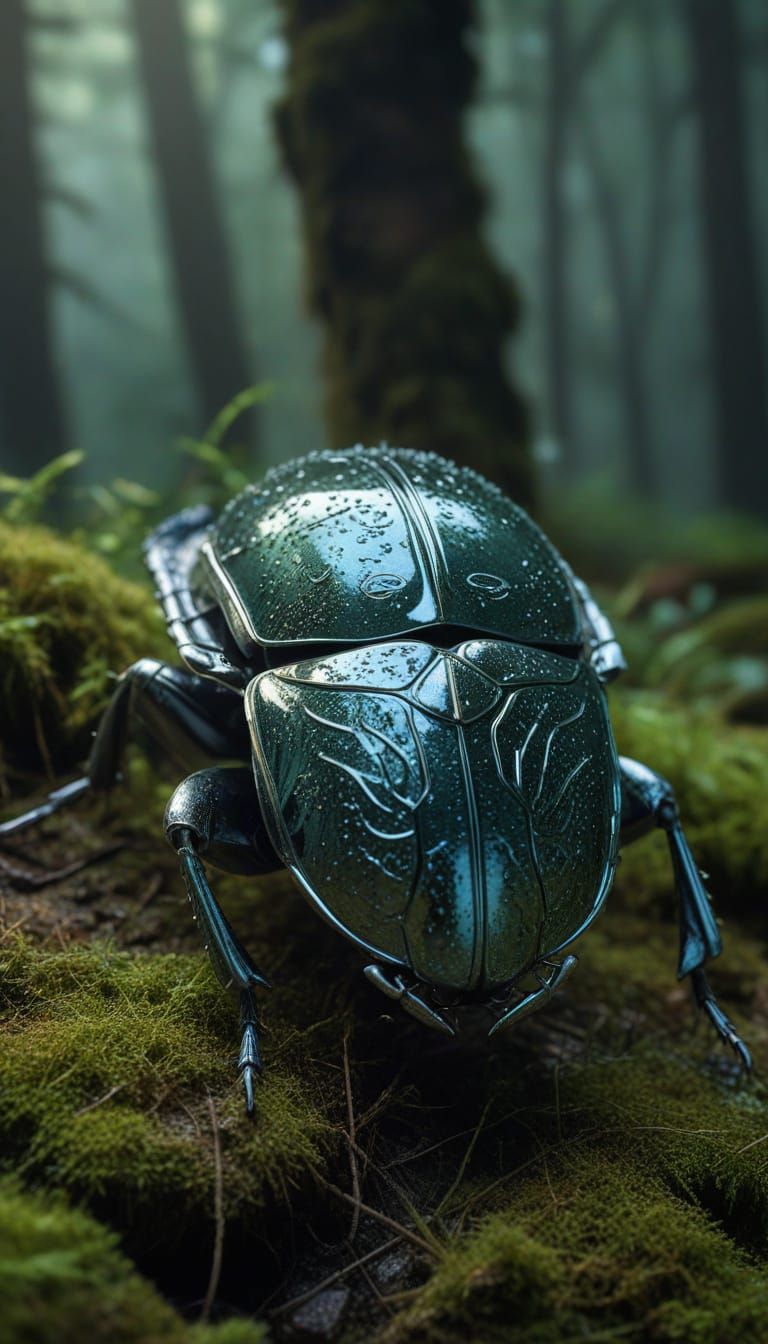 Chrome Scarab Beetle Crawling on Mossy Rock