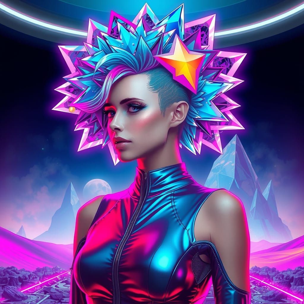 Woman with Sculptural Hair in a Cyberpunk Landscape