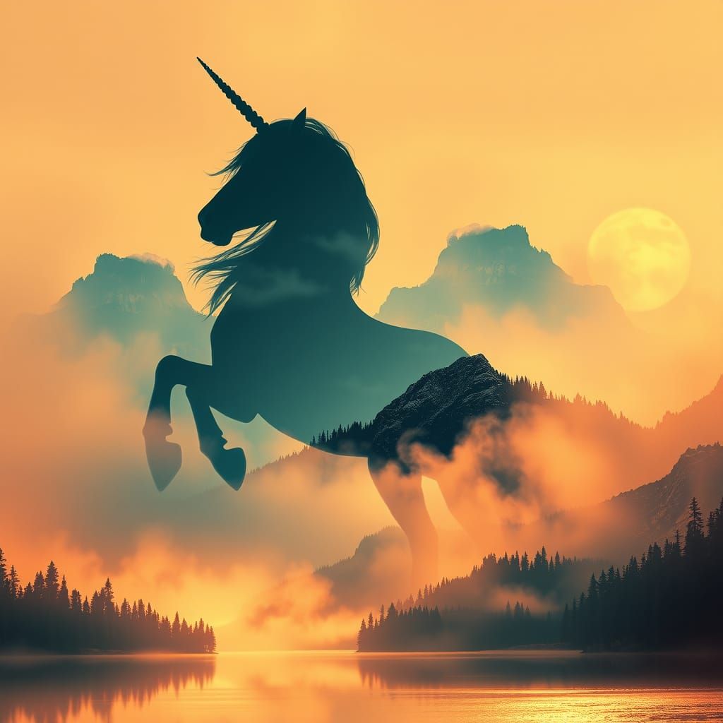 Ethereal Centaur in Dreamlike Double-Exposure Landscape