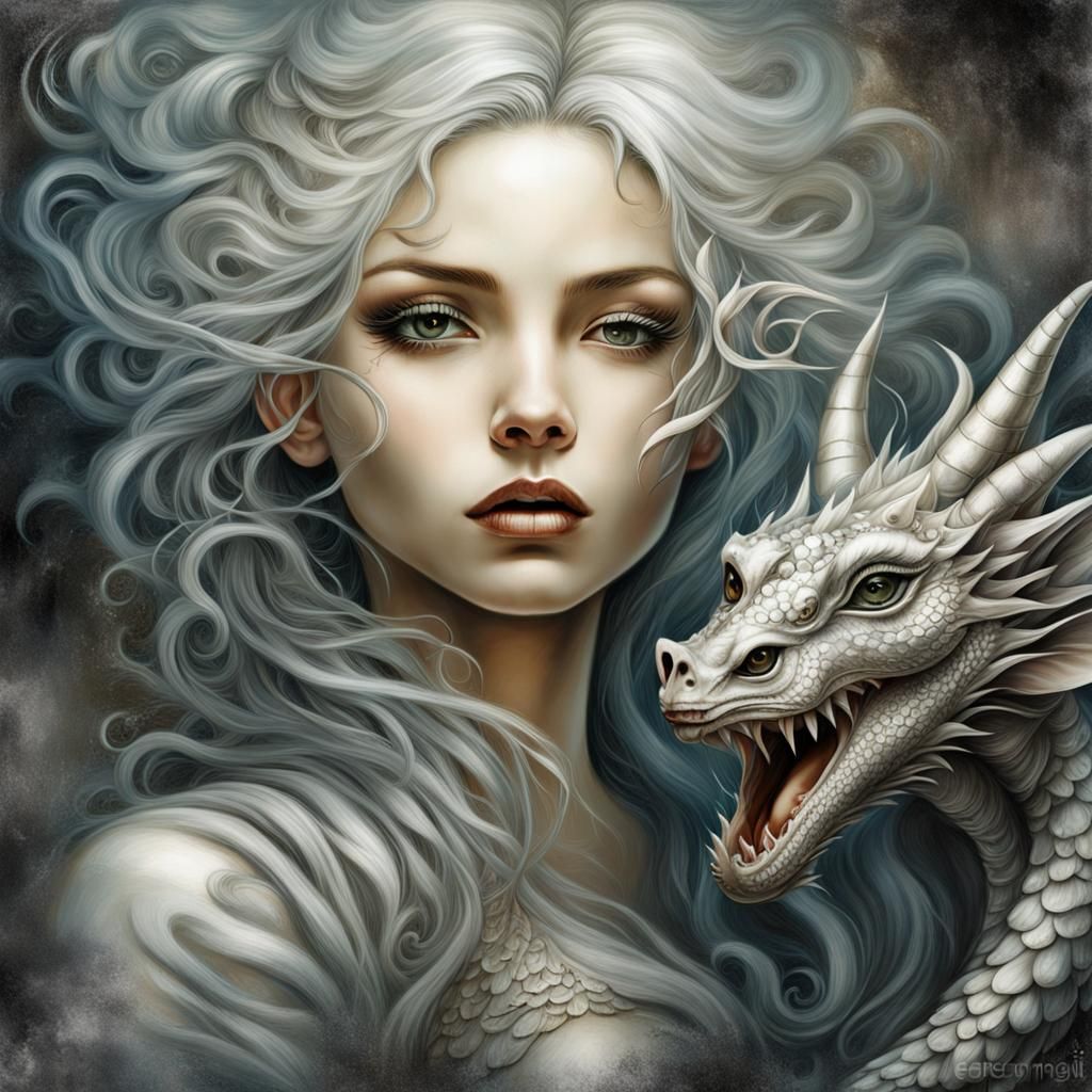 Silver Haired Woman with Dragon in Dreamlike Fantasy
