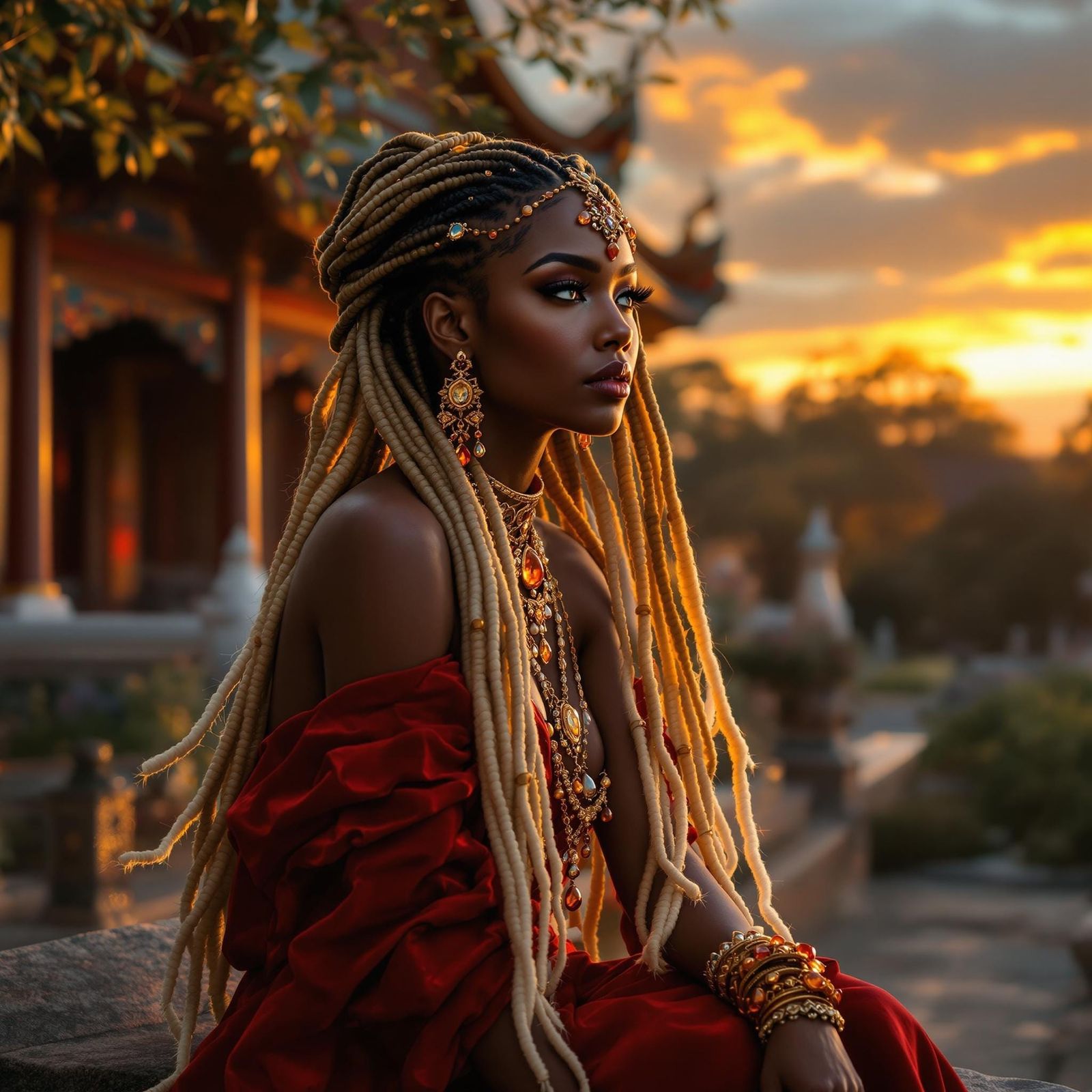 Regal African Beauty in Asian Temple Setting