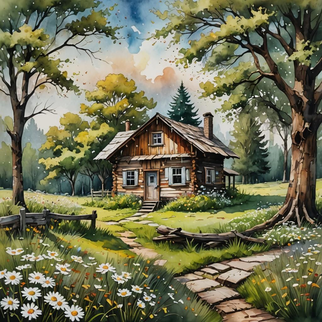 Wooden House in Meadow: Alcohol Ink and Watercolor